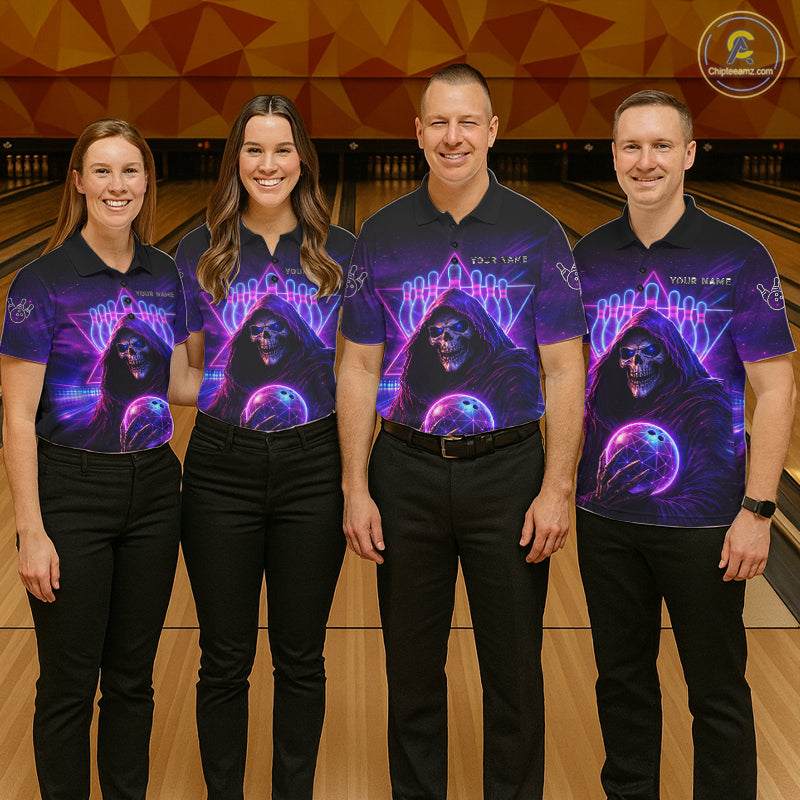 Custom Neon Grim Reaper Bowling Polo & 1/4 Zip Shirts For Men, Bowling Team Jersey Uniform TDM6317