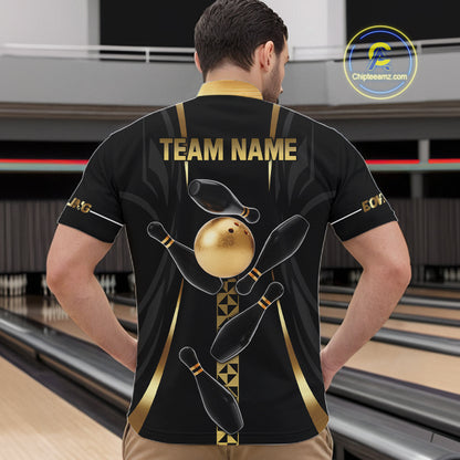 Custom Black And Gold Bowling Shirt For Men, Bowling Tournament Team Jersey Polo & 1/4 Zip TDM6318