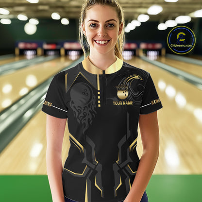 Custom Black And Gold Bowling Shirt For Women, Bowling Tournament Team Jersey Polo & 1/4 Zip TDM6318