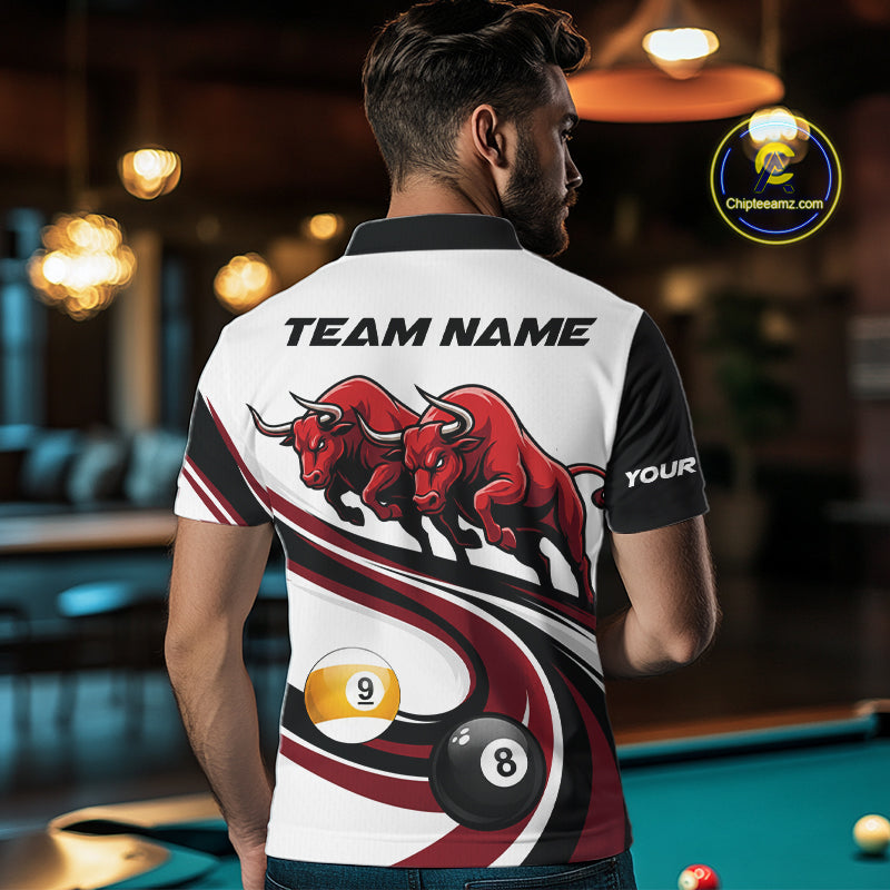 Custom Red 8 Ball & 9 Ball Pool Bull Billiard Shirt For Men, Billiard Team Jersey Polo & 1/4 Zip TDM6493