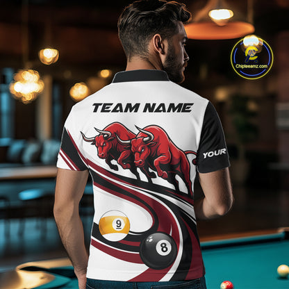 Custom Red 8 Ball & 9 Ball Pool Bull Billiard Shirt For Men, Billiard Team Jersey Polo & 1/4 Zip TDM6493