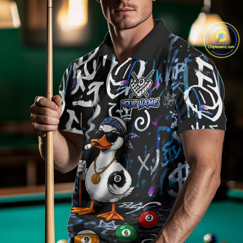 Colorful Graffiti Funny Duck 8 Ball Billiard Shirt For Men Custom Pool Team Jersey Polo & 1/4 Zip TDM6497
