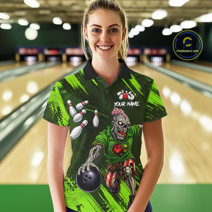 Custom Green Funny Zombie Bowling Shirt For Women, Bowling Team League Jersey Polo & Quarter Zip TDM6498