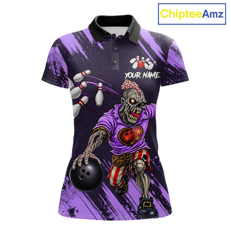 Custom Purple Funny Zombie Bowling Shirt For Women, Bowling Team League Jersey Polo & Quarter Zip TDM6499