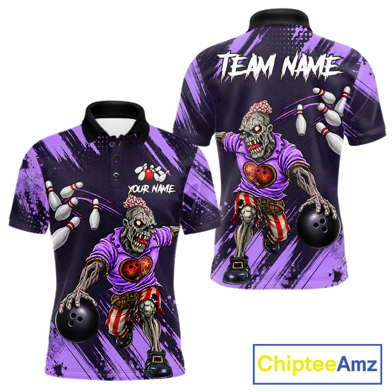 Custom Purple Funny Zombie Bowling Shirt For Men, Bowling Team League Jersey Polo & Quarter Zip TDM6499