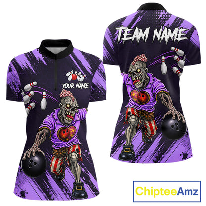 Custom Purple Funny Zombie Bowling Shirt For Women, Bowling Team League Jersey Polo & Quarter Zip TDM6499