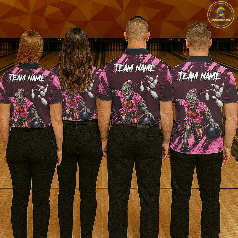 Custom Pink Funny Zombie Bowling Shirt For Women, Bowling Team League Jersey Polo & Quarter Zip TDM6500