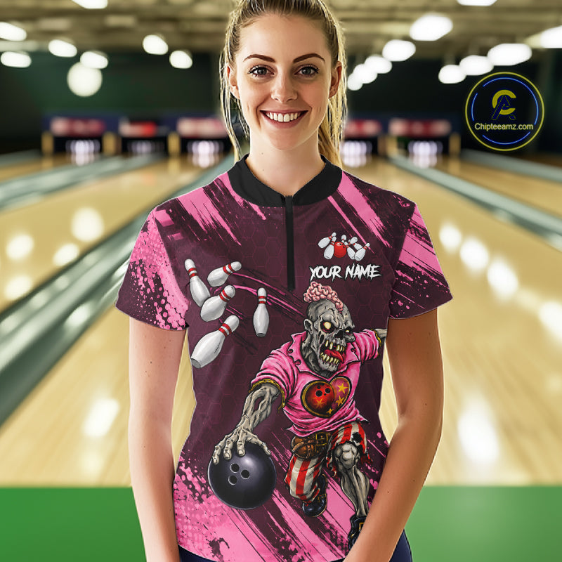 Custom Pink Funny Zombie Bowling Shirt For Women, Bowling Team League Jersey Polo & Quarter Zip TDM6500