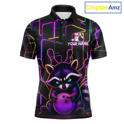 Funny purple neon raccoon bowling polo shirt for men with custom bowling team graphics.