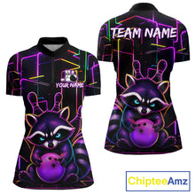 Load image into Gallery viewer, Funny purple neon raccoon bowling quarter zip shirt for women designed for tournaments and league play.