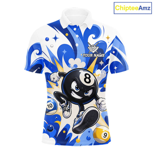 Blue funny 8 ball pool graffiti billiard team jersey polo shirt for men featuring colorful graffiti artwork, premium custom pool league apparel for tournaments, league matches and competitive billiard players.