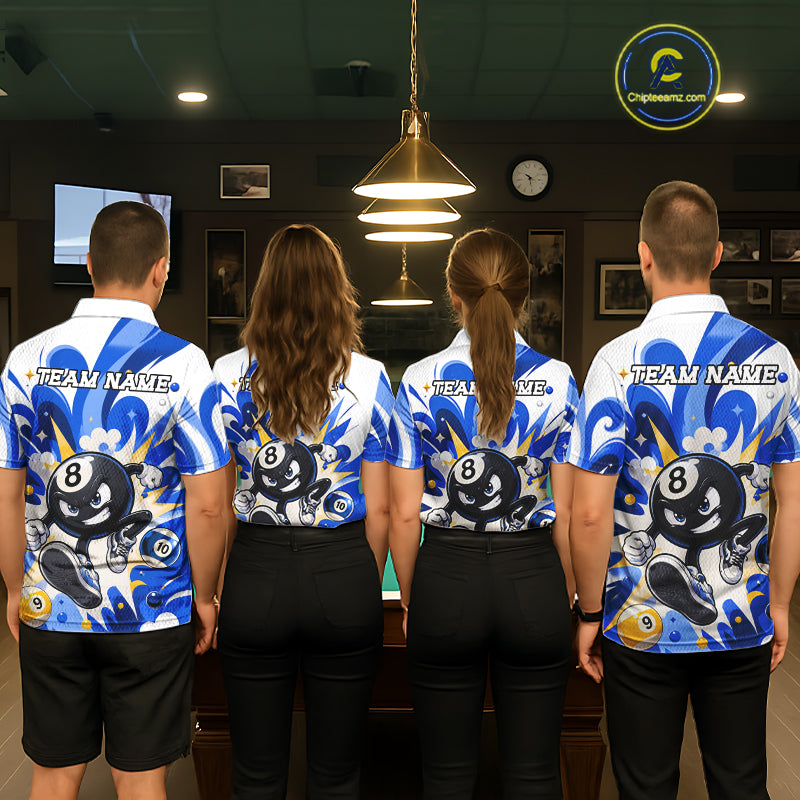 Billiard team wearing matching blue funny 8 ball pool graffiti team jerseys featuring vibrant street art graphics, back view.