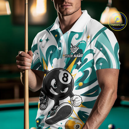 Man wearing teal funny 8 ball pool graffiti billiard team jersey polo shirt featuring colorful graffiti artwork, front view.