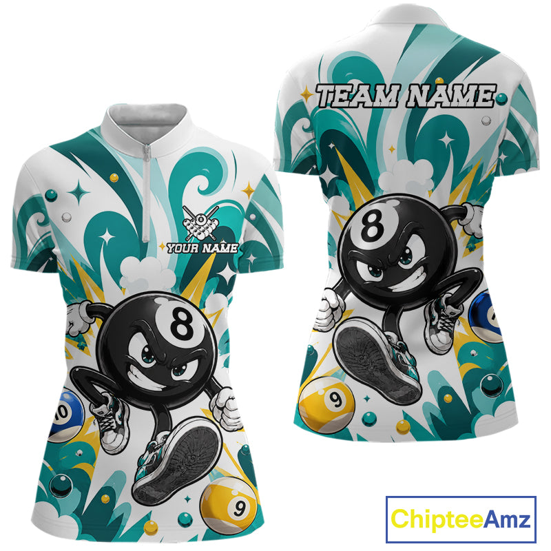 Teal funny 8 ball pool graffiti billiard team jersey quarter zip shirt for women featuring bold graffiti graphics, premium custom billiard league apparel for tournament play.