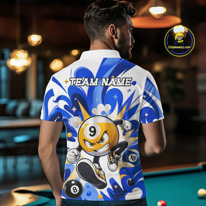 Man wearing funny silver 9 ball pool billiard team jersey polo shirt featuring the humorous 9 ball artwork, back view.