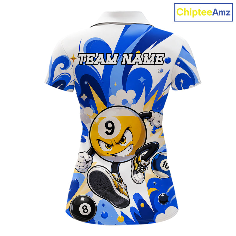 Blue funny graffiti 8 ball and 9 ball pool billiard team jersey polo shirt for women featuring colorful street art graphics, premium custom pool league apparel for tournaments and competitive billiard teams.