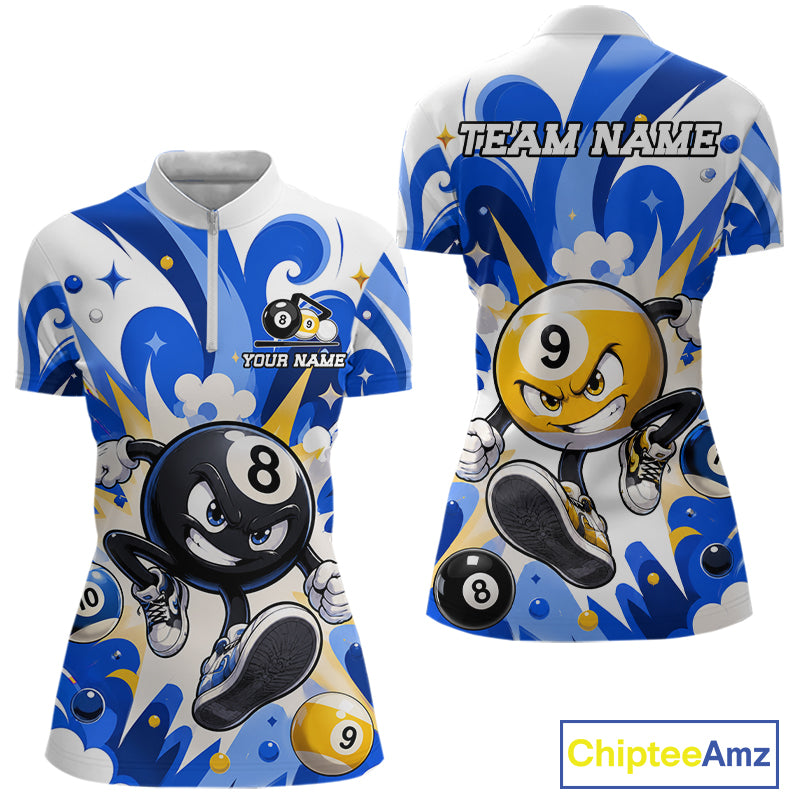 Blue funny graffiti 8 ball and 9 ball pool billiard team jersey quarter zip shirt for women featuring vibrant graffiti artwork, premium custom billiard league apparel.