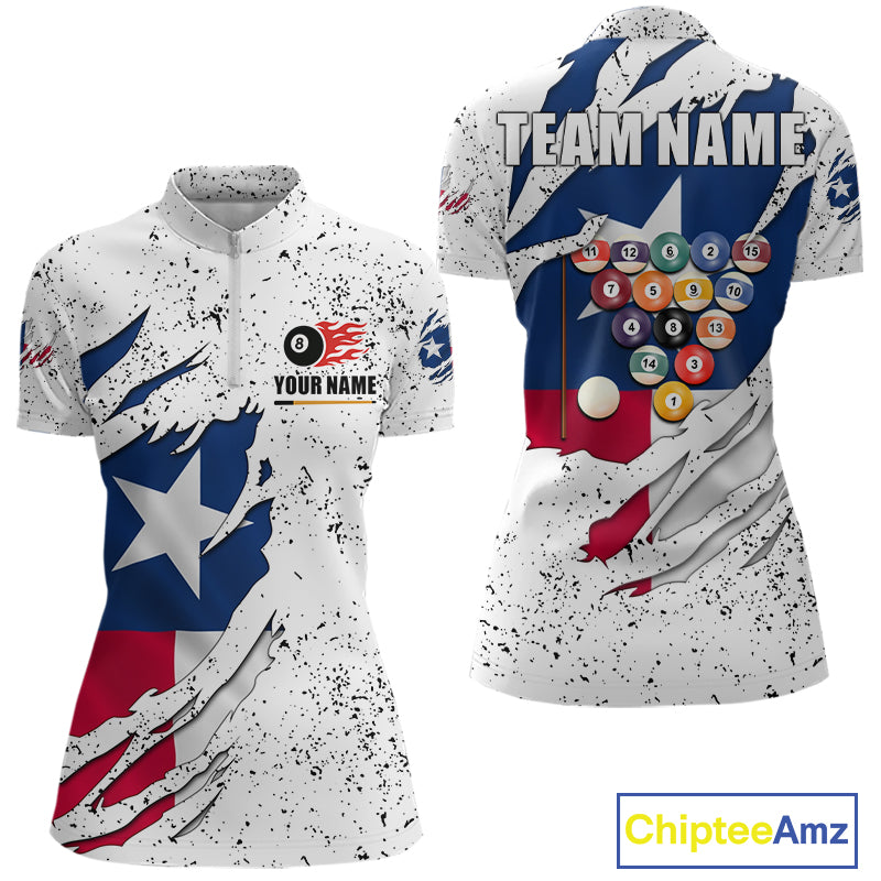 Black grunge Texas flag 8 ball pool billiard team jersey quarter zip shirt for women featuring distressed patriotic Texas flag graphics, premium custom billiard league apparel for tournament competition.