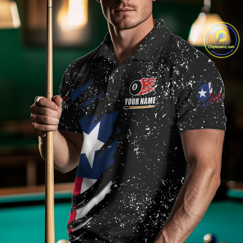 Man wearing white grunge Texas flag 8 ball pool billiard team jersey polo shirt featuring distressed patriotic Texas flag artwork, front view.