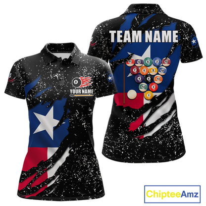White grunge Texas flag 8 ball pool billiard team jersey polo shirt for women featuring distressed Texas flag artwork with bold patriotic styling, premium custom pool league apparel for tournaments, league play and competitive billiard teams.