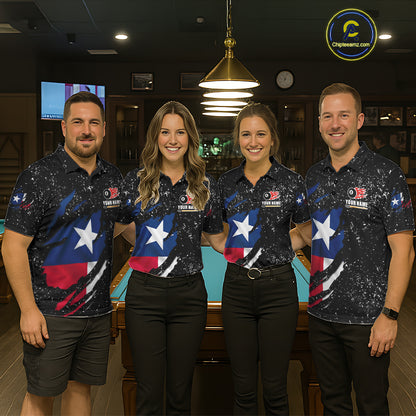 Billiard team wearing matching white grunge Texas flag 8 ball pool team jerseys featuring patriotic distressed artwork, front view.
