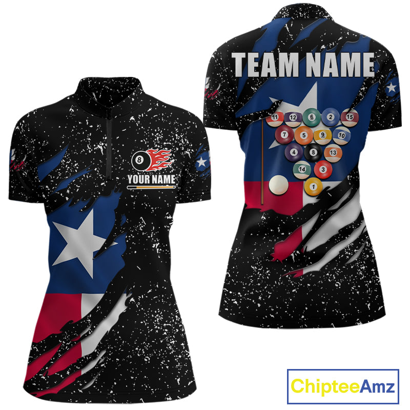 White grunge Texas flag 8 ball pool billiard team jersey quarter zip shirt for women featuring distressed patriotic Texas flag graphics, premium custom billiard league apparel for serious pool players.