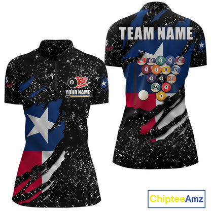 White grunge Texas flag 8 ball pool billiard team jersey quarter zip shirt for women featuring distressed patriotic Texas flag graphics, premium custom billiard league apparel for serious pool players.