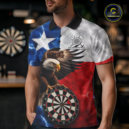 Man wearing Texas flag eagle lightning darts team jersey polo shirt featuring patriotic Texas flag eagle artwork, front view.