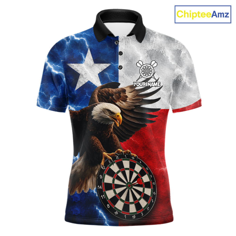 Texas flag eagle lightning darts team jersey polo shirt for men featuring patriotic Texas flag artwork with a soaring eagle and lightning graphics, premium custom darts league apparel for tournaments and competitive dart players.
