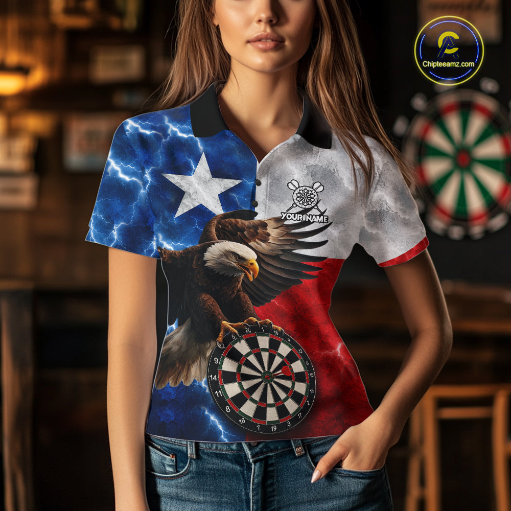 Woman wearing Texas flag eagle lightning darts team jersey polo shirt featuring patriotic Texas flag eagle artwork, front view.