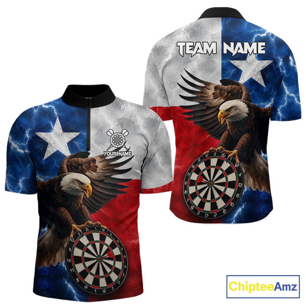Texas flag eagle lightning darts team jersey quarter zip shirt for men featuring bold patriotic eagle and Texas flag artwork with lightning effects, premium custom darts league apparel.