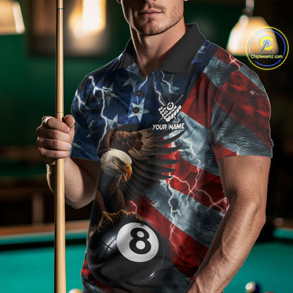 Man wearing American flag eagle lightning 8 ball billiard pool team jersey polo shirt featuring patriotic eagle artwork, front view.