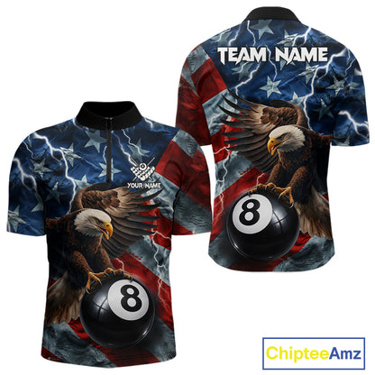 American flag eagle lightning 8 ball billiard pool team jersey quarter zip shirt for men featuring patriotic eagle graphics and lightning artwork for competitive billiard players.