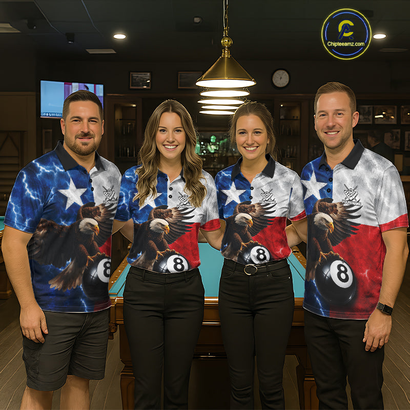 Billiard team wearing matching Texas flag eagle lightning 8 ball pool team jerseys featuring patriotic eagle graphics, front view.