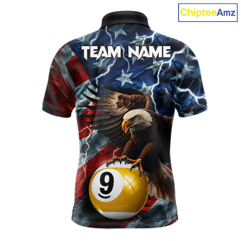Custom American flag eagle lightning 8 ball and 9 ball billiard pool team jersey polo shirt for men featuring patriotic eagle artwork with lightning effects, premium custom pool league apparel for tournaments.