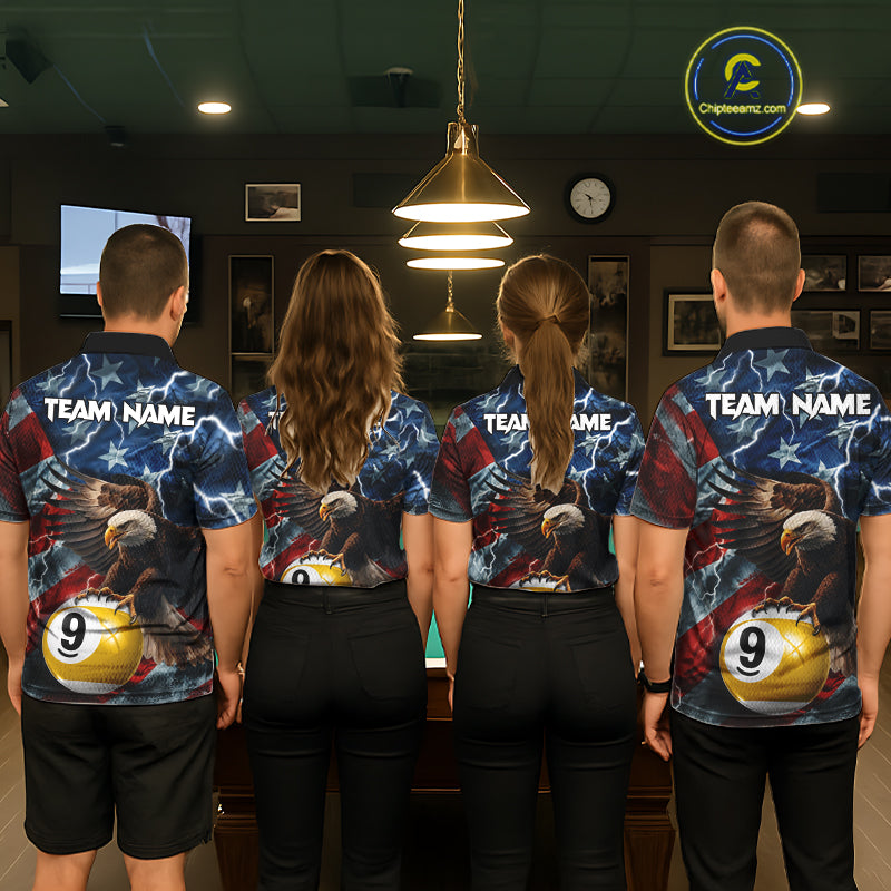 Billiard team wearing matching American flag eagle lightning 8 ball and 9 ball pool team jerseys featuring patriotic graphics, back view.
