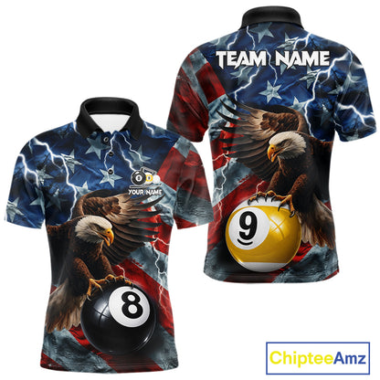 Custom American flag eagle lightning 8 ball and 9 ball billiard pool team jersey polo shirt for men featuring patriotic eagle artwork with lightning effects, premium custom pool league apparel for tournaments.