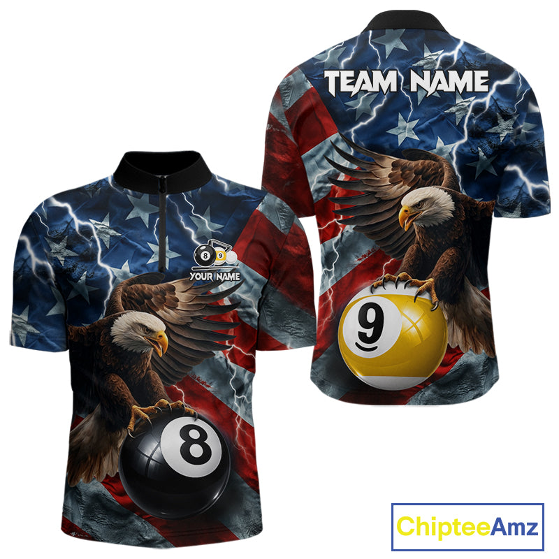 Custom American flag eagle lightning 8 ball and 9 ball billiard pool team jersey quarter zip shirt for men featuring bold patriotic eagle graphics and lightning artwork.