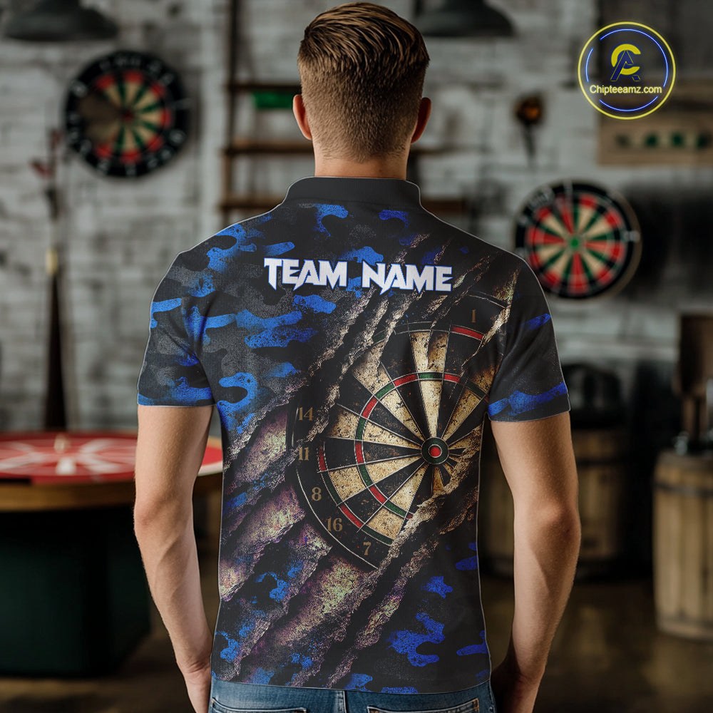 Blue Retro Grunge Camo Darts Shirt For Men Custom Darts Jersey Team Polo & Quarter Zip Uniform TDM5449