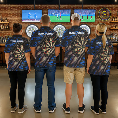 Blue Retro Grunge Camo Darts Shirt For Men Custom Darts Jersey Team Polo & Quarter Zip Uniform TDM5449