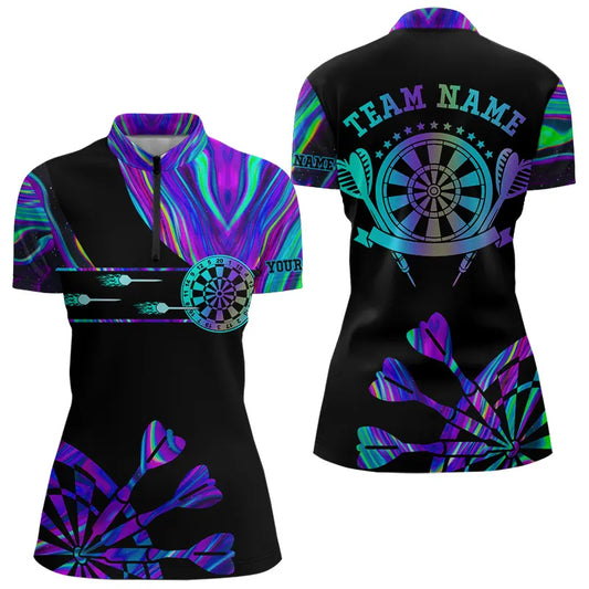 Neon Purple Blue Darts Tie Dye Custom Dart Quarter Zip Shirts For Women, Glowing Dart Jerseys TDM3559