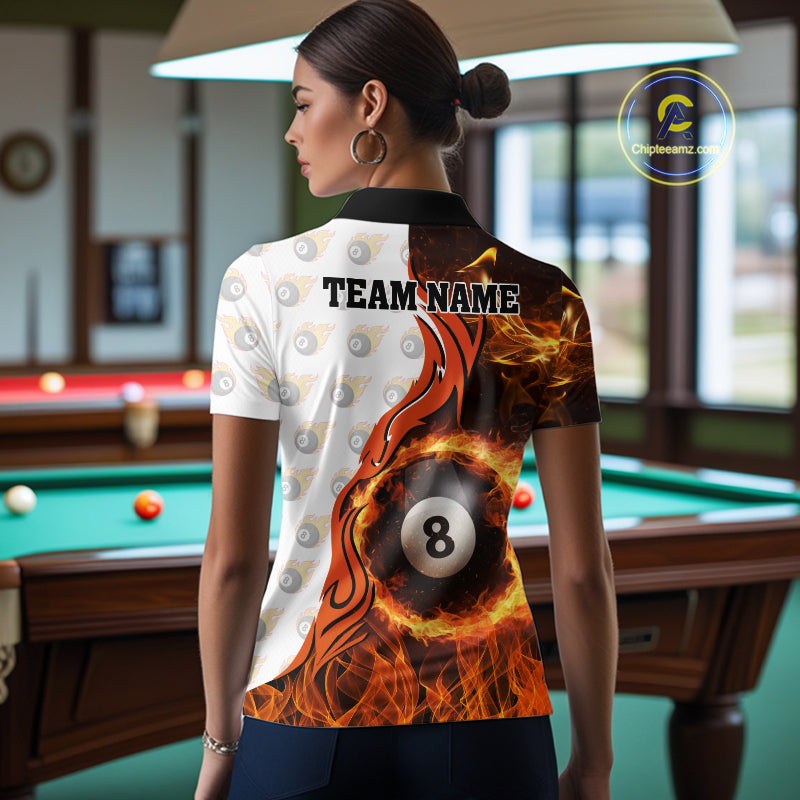 Orange Flaming 8 Ball Pool Billiard Shirt For Women Custom Billiard Team Jersey Polo & 1/4 Zip TDM5925