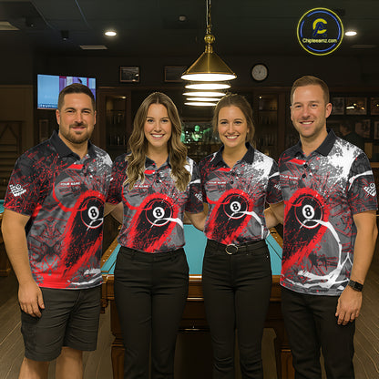 Red Grunge 8 Ball Pool Custom Billiard Shirts For Men, Billiard Team Jerseys Polo 1/4 Zip TDM6073