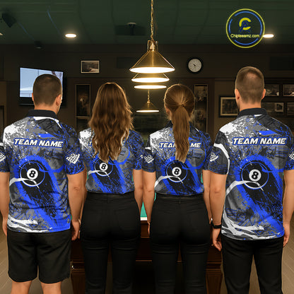 Blue Grunge 8 Ball Pool Custom Billiard Shirts For Men, Billiard Team Jerseys Polo 1/4 Zip TDM6074