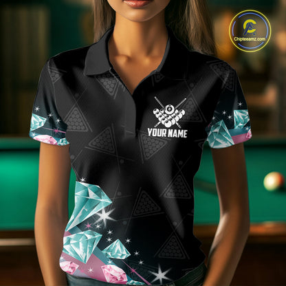 Funny Pink And Turquoise Diamonds Billiard Shirt For Women, 8 Ball Pool Team Jersey Polo & 1/4 Zip TDM6325