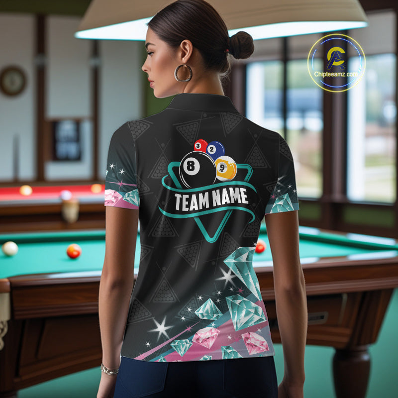 Funny Pink And Turquoise Diamonds Billiard Shirt For Women, 8 Ball Pool Team Jersey Polo & 1/4 Zip TDM6325