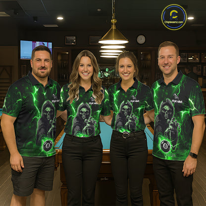 Green Grim Reaper 8 Ball Billiard Shirt For Women Custom Lightning Billiard Team Jersey Polo, 1/4 Zip TDM6326