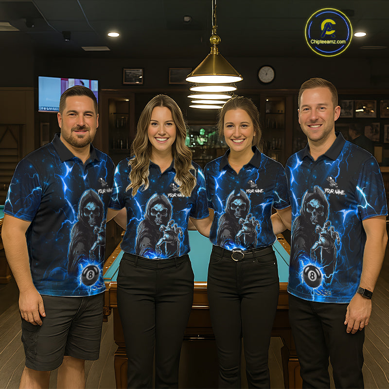 Blue Grim Reaper 8 Ball Billiard Shirt For Men Custom Lightning Billiard Team Jersey Polo, 1/4 Zip TDM6327
