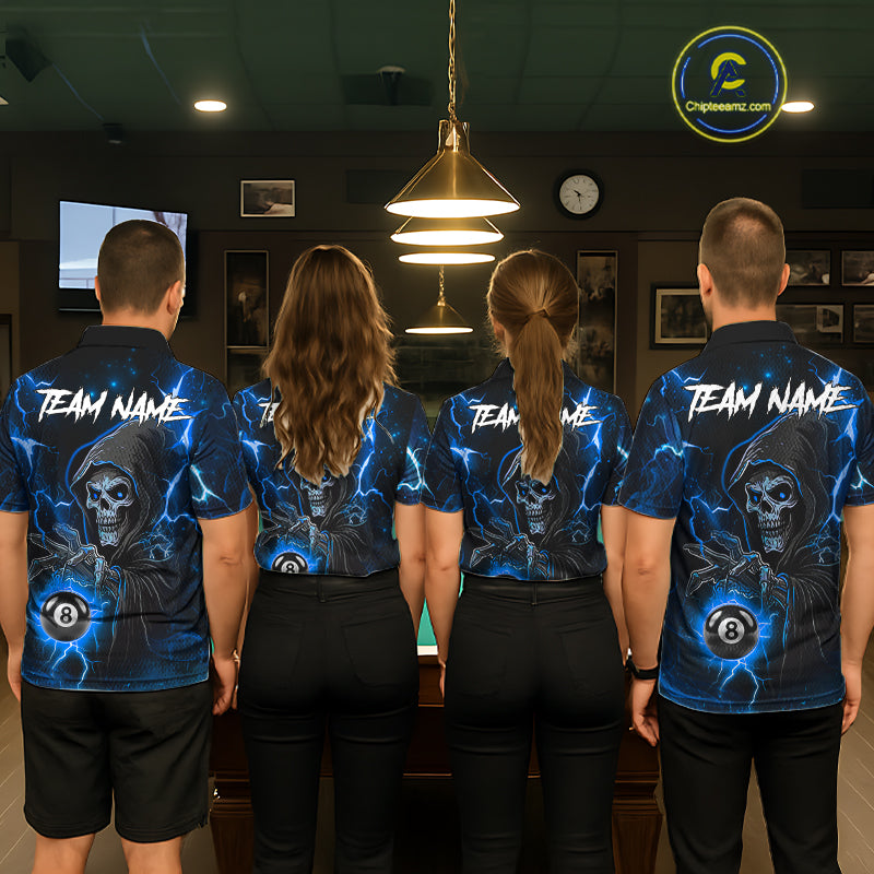 Blue Grim Reaper 8 Ball Billiard Shirt For Men Custom Lightning Billiard Team Jersey Polo, 1/4 Zip TDM6327