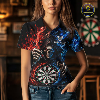 Blue And Red Flaming Grim Reaper Darts Shirts For Women Custom Darts Team Jersey Polo & 1/4 Zip TDM6503